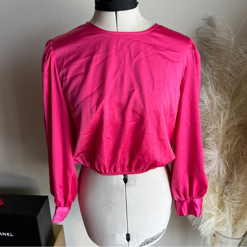 Hot Pink Long Sleeve Crop Top Blouse NWT